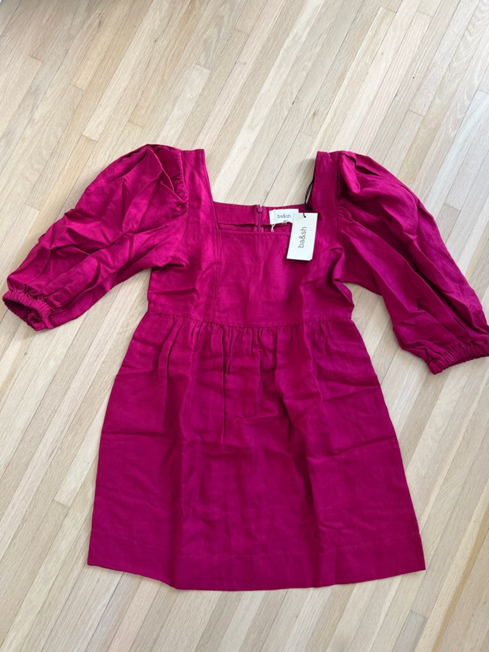 NWT ba&sh Fuchsia Framboise Puff-Sleeve Square-Neck Dress Robe Palerme L - Picture 4 of 10